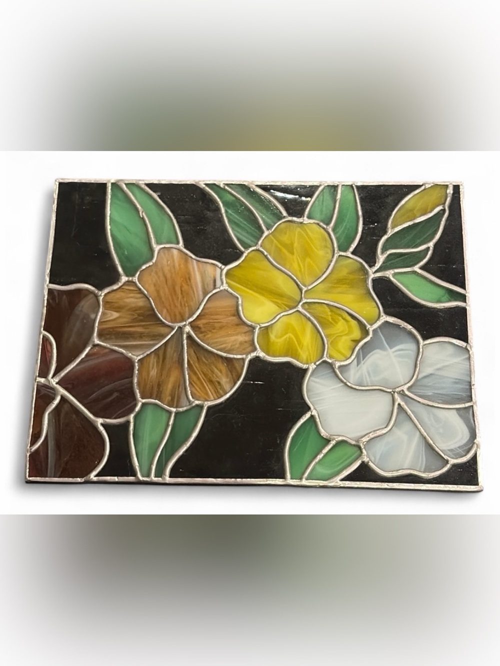 Vintage Handmade Stained Glass Floral Panel Multicolor Flower Glass Art Artwork